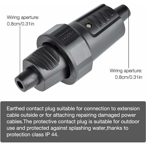 3 stk. Schuko-stik, 220V Hun-stik med Anti-Twist Beskyttelse, Hun-stikkontakt Ubrækkelig Beskyttelseskontakt, 230V 16A, Sort