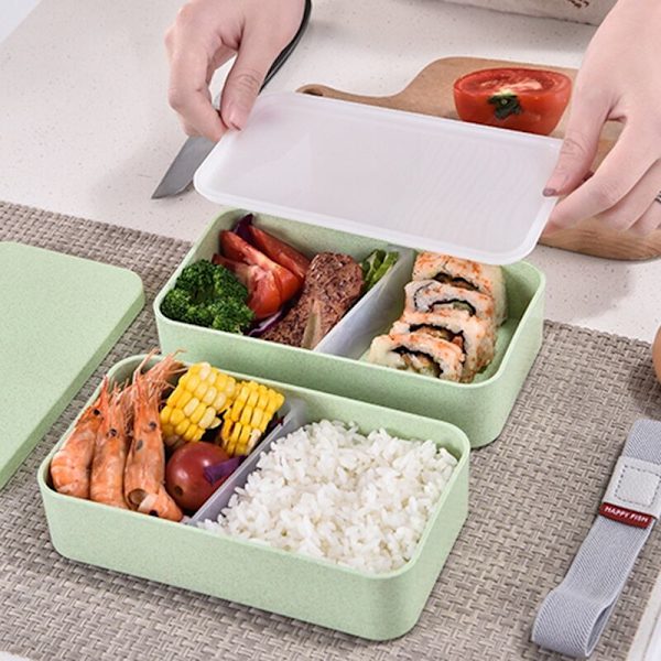 1200 ml Lunchbox i Vetehalm med Dubbla Fack, Sked, Hälsosamt Material, Bentoboxar, Mikrovågsugnssäker Matförvaringsbehållare, Beige