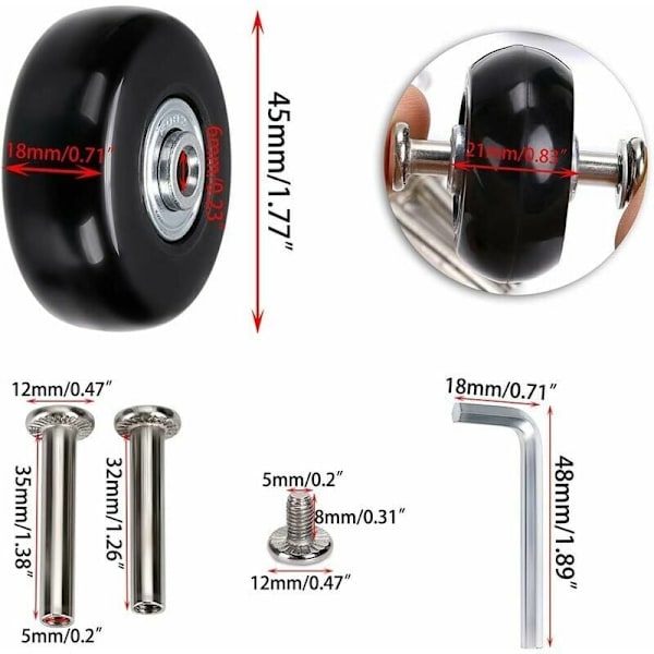 Sæt med 4 udskiftningshjul til kuffert, 45 x 18 mm