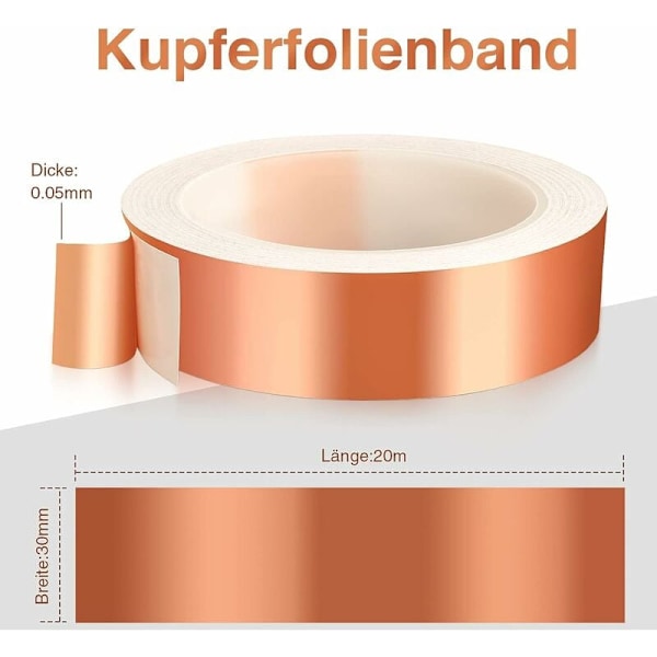 Kobberbånd mod snegle, 30 mm x 20 m Anti-sneglebarrierebeskyttelse mod sneglehøjbedsplanter, selvklæbende kobberbåndsforsvar mod S