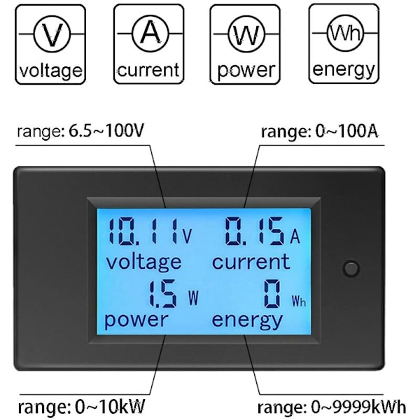 Digital Panel Voltmeter Amperemeter Shunt 100A DC 6,5-100V, Strømspændingstester Elektrisk Effekt Energimåler Volt Amp Watt Meter LCD Display Sol Aut