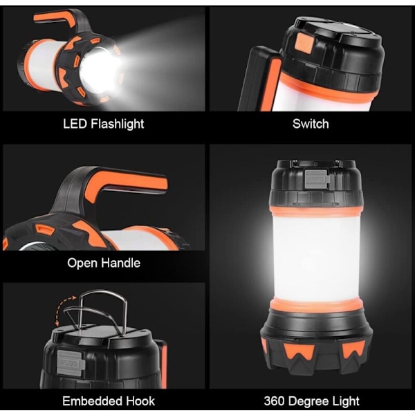 Laddningsbar LED-lykta, 1000 Lumen 4000mAh 360° Campinglampa, Laddningsbar LED-lampa Bärbar strålkastare, Ultrastark, 6 lägen Campinglampa, U
