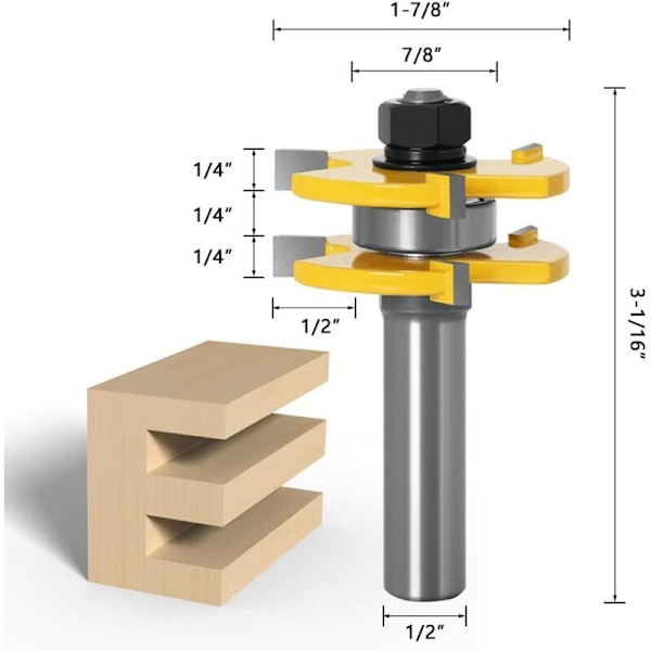 1/2 (12,7 mm) Varrenpäällysteinen kieli- ja ura-leikkurisarja, 3-teräinen T-muotoinen puuleikkuri, puuntyöstötyökalu