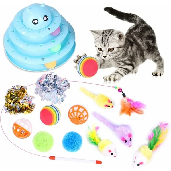 Katt leksaker, 14-delad katt leksak kit med 4-lager katt labyrint leksak, boll leksak för kattunge katt lek, kattunge leksaker, interaktiva leksaker för inomhuskatter -
