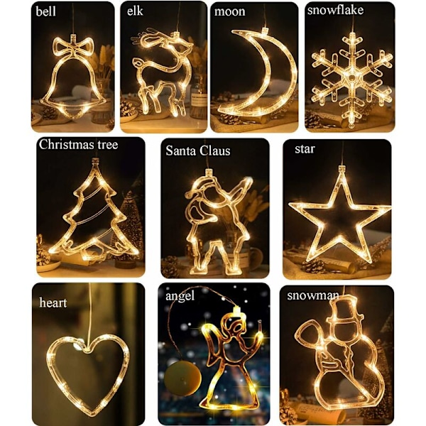 2 stycken jul fönsterlampor LED sugkopp lampor julgran tomte klockor älg jul fönsterhängande för juldekoration (Hea
