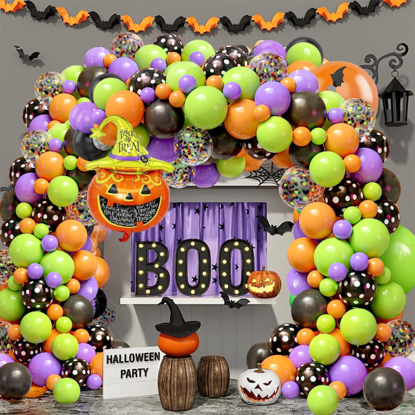 Halloween ballonbue-guirlandesæt, 125 stykker Halloween-balloner med sort, orange, grøn, lilla konfettiballonbuesæt med græskarballoner