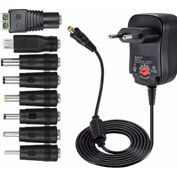 12W Universaali AC DC Virtalähde 3V 4.5V 5V 6V 7.5V 9V ja 12V, 8 Valittavaa Liitäntää, 1000mA Max, 115cm Latauskaapeli