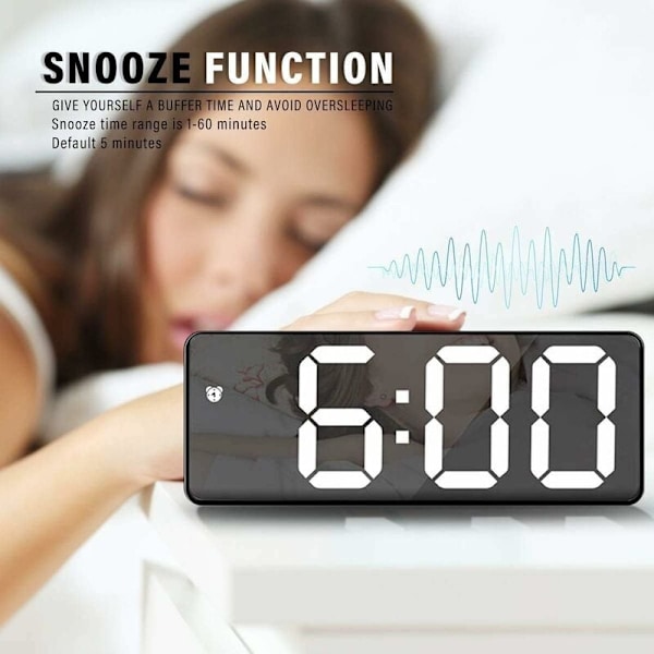 Spejl-vækkeur, Digitalt vækkeur med dato/temperatur/snooze/2 alarmer/USB-opladningsport LED-display, til rejser, soveværelse, kontor, køkken - Sort
