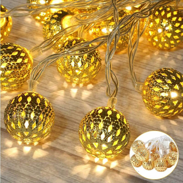Marokkansk LED-lysguirlande - 2 meter - 10 varme hvide LED'er - Gylden orientalisk dekoration - Lyskugleguirlande - Juledekoration, Have, Fødselsdag