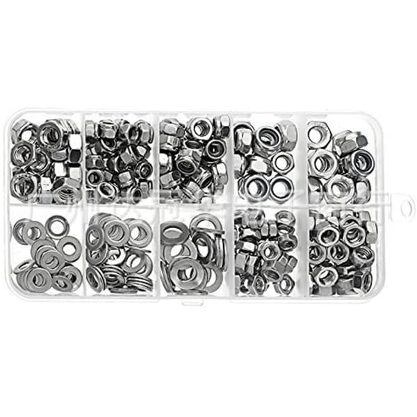255PCSM4 M5 M6 Nylon låsemutter 304 Rustfritt stål mutter Flat Washer Kit metrisk Hex låsemutter Sett inn låsemutter