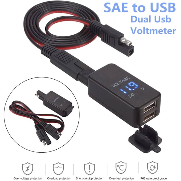 SAE till USB-adapter med voltmeter, avstängningsplugg för motorcykel, vattentät, dubbel laddare, telefon, surfplatta, GPS