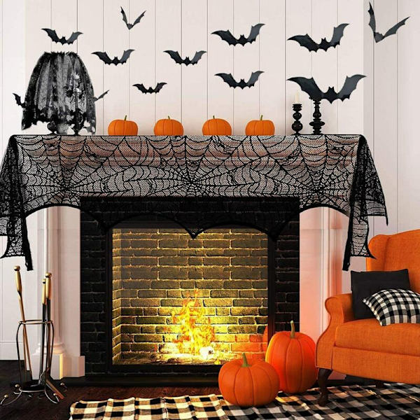 18 x 96 tum Halloween spets spindelnät eldstad mantel och 40 tum spets spindelnät bordsduk, 2 stycken