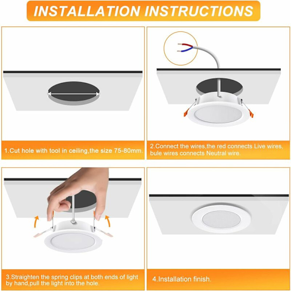 Indbyggede LED-Spots, Pakke med 10, 5W 500 Lumen, Svarer til 50W Glødepære, 4000K Hvid, Ekstra Flade LED-Spots til Badeværelse, Køkken, Stue