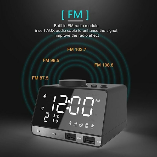 LED Dubbel Alarmklocka Spegel Klockradio Högtalare för Badrum Bas Trådlös Bluetooth + USB-port + FM Svart Svart