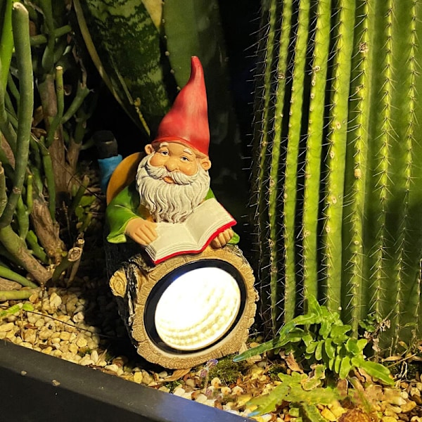 Solcellelampe Dvergstatue i Harpiks Dekorative Hagelys Gnome Figur Utendørs Dekorasjon Ideell for en Hage Lesestil