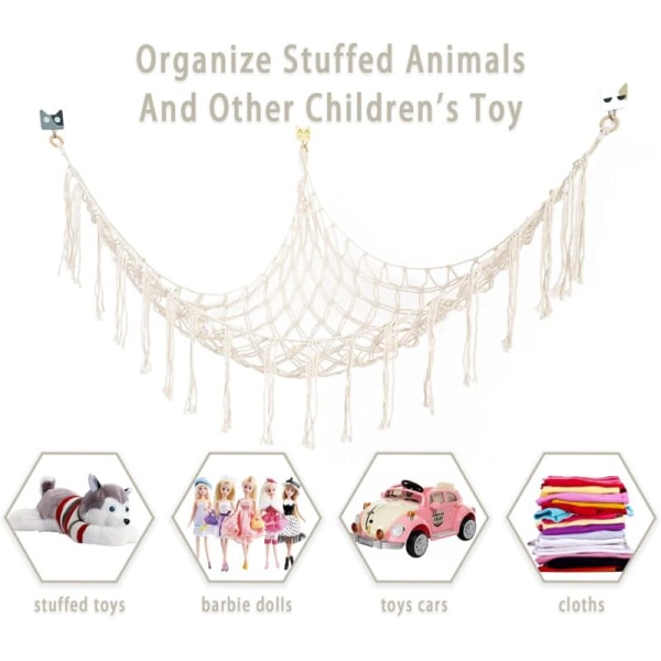 Stort bohemiskt gosedjursnät eller hängmatta, 55-tums hängmatta för leksaker, makrameprylar, djurförvaringskrok, hängnät, mesh , leksaksförvaringsväska