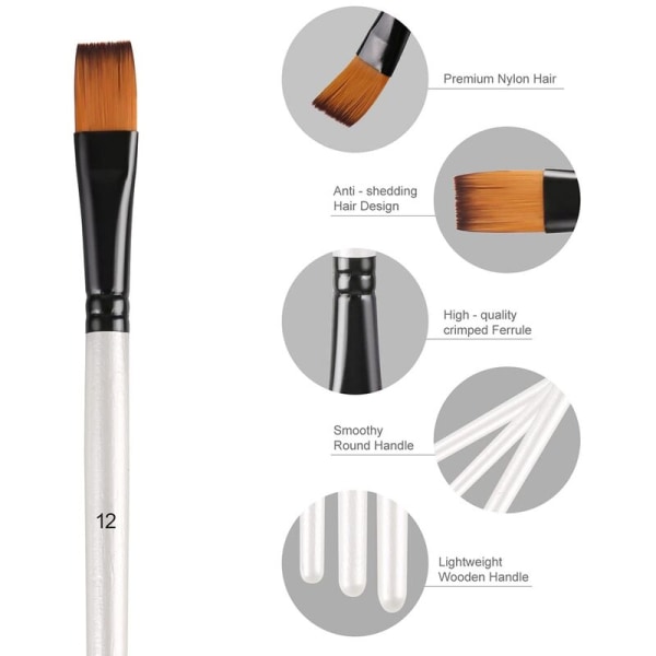 12 st Acrylic Målningsborstar Set, Platt Spets Nylon Hår Konstnärsborstar för Akryl Vattenfärg Bläck Canvas Målning