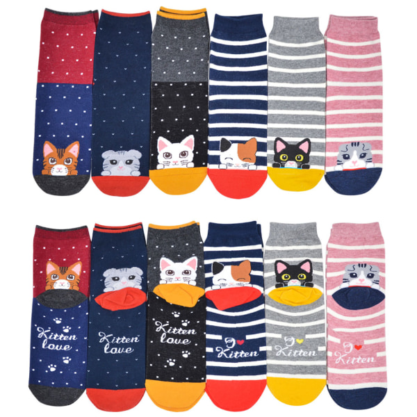 12 par skridsikre kvinders sokker: Kattestrømper Kvinders sjove dyre bomuldsstrømpebånd - en ny og sød julegave til killingeelskere, størrelse 4-9