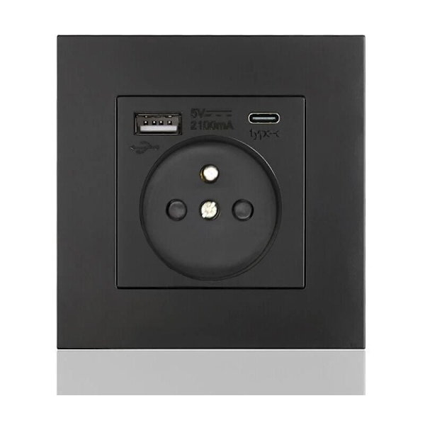 Fransk stikkontaktpanel Type-c+USB16A Type 86, antall stikkontakter: 2 hull, antall USB-porter: 1, antall type-c-porter: 1, trygt og fast(svart firkant