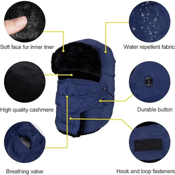 Unisex vandtæt flyverhat med halsgamacher og aftageligt visir, velegnet til skiløb, skøjteløb, udendørsaktiviteter eller hverdagsbrug, 56-59 ,Navy bl