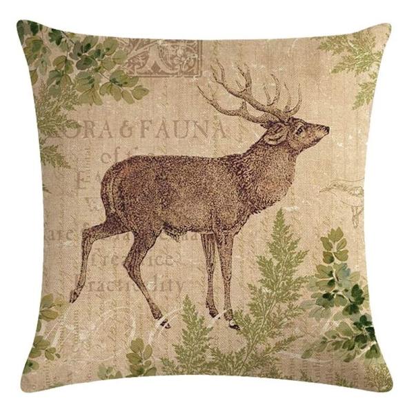 Vintage-tyylinen villieläinkuvion tyynynpäällinen vihreillä kasveilla, koristetyynynpäällinen, neliönmuotoinen pellavakangas