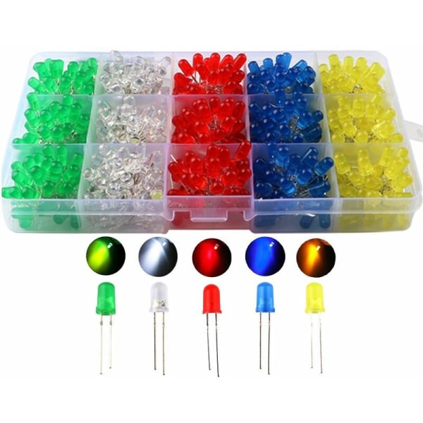 500 st x 5 mm ljusemitterande diod, diffus 2-stifts rund färg vit/röd/gul/grön/blå kitbox (5 färger x 100 st)