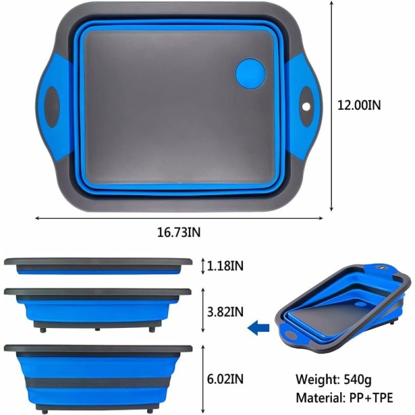 Skærebrætter, 4 i 1 sammenklappeligt skærebræt med opvaskebalje, multifunktionel sammenklappelig opvaskebalje (blå)