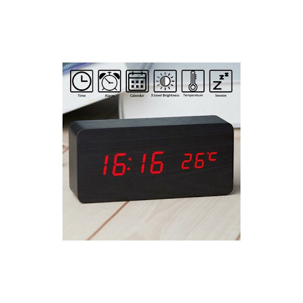 Trä Digital Klocka - Multifunktionell LED Väckarklocka med Tid/Datum/Temperaturvisning och Röststyrning för Hemmet och Resor