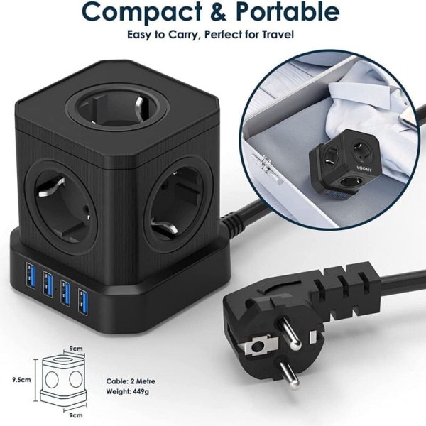 9-i-1 Cube Power Strip med USB, 5 stikkontakter med 4 USB-porte, stikkontakt med afbryder, overspændingsbeskyttelse med afbryder og 2M kabel, 4000W Power Strip Extens