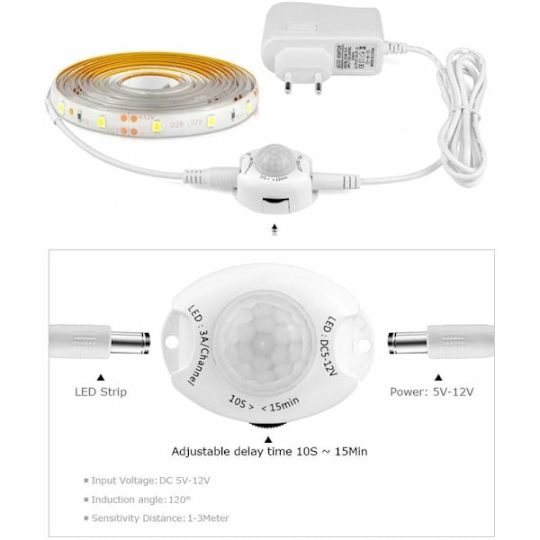 LED-stripe med bevegelsessensor, selvklebende fleksibel LED-stripe, IP65 vanntett med 12V strømforsyning lyslist for soverom, stuer, kjøkken