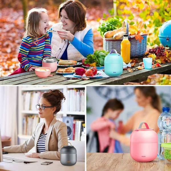 Isolerad matbehållare, 700 ml bärbar läcksäker termos med hopfällbar sked i rostfritt stål, matbehållare för skola, kontor, camping, rosa-