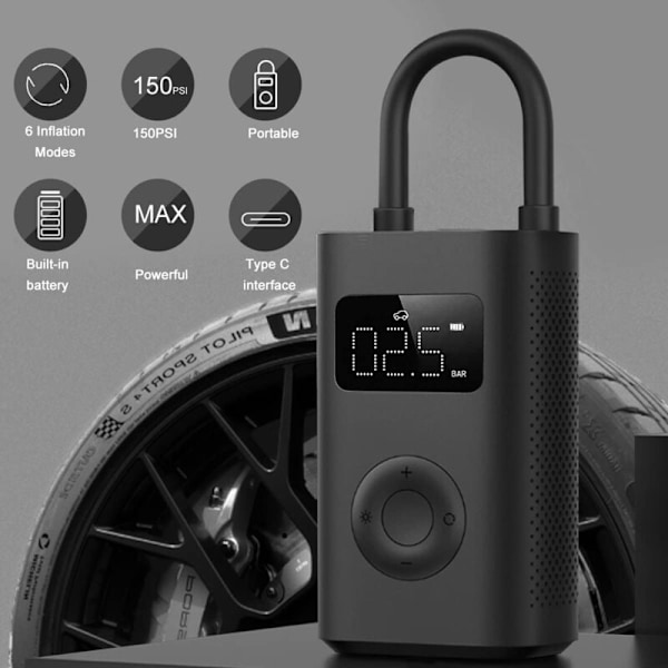 Mijia bærbar luftkompressor - Elektrisk cykelpumpe bildæk oppustelig elektrisk oppustelig - 6 oppustelige tilstande Mini kompressor LED-lampe 2000mAh