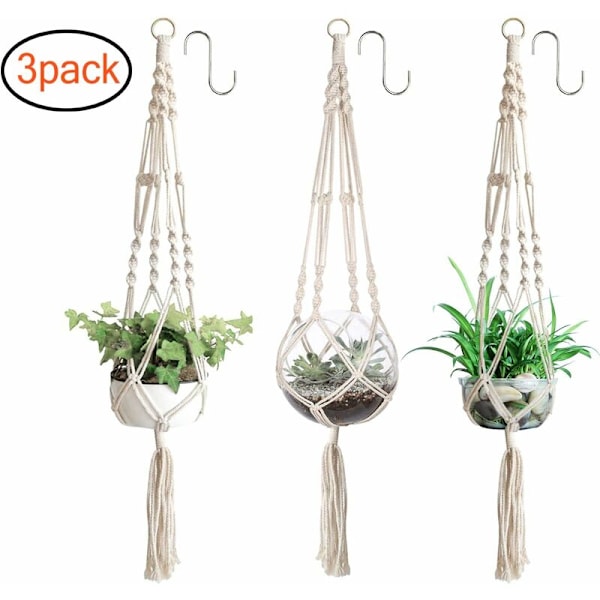 Set med 3 Macrame Hängande Korgar Bomullsrep Hängande Korg Blomkruka Växtställ Hängare för Inomhus Utomhus Tak