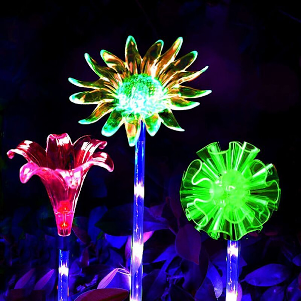 Solcelled Blomsterlys Utendørs, Sett med 3 Solsikke Lilje Hagedekorasjoner, Hage Solcellelampe, Fargeskiftende LED Hagelys (IP65 Vanntett For)