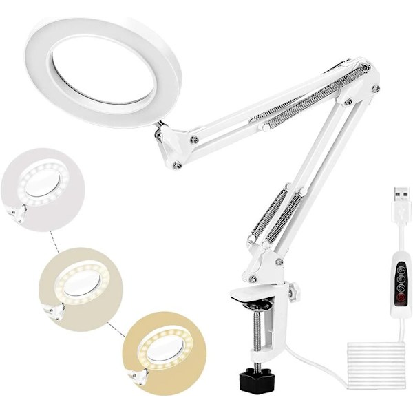 72LED Suurennuslamppu, 5X Työpöydän Päivänvalon Suurennuslasi Metallisella Kiinnitysklipsulla 3 Väritilaa Himmennettävissä Korjaukseen, Käsitöihin, Ompelemaan, Lukemiseen (Valkoinen)