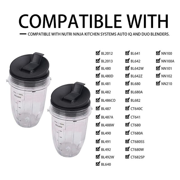2 Ersättningsmuggar med lock för Ninja Blender Auto IQ BL480 BL642 BL450 BL682 BL480, BL490, BL640 BL680