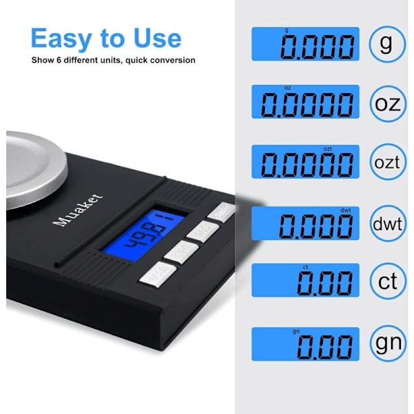 Precision Milligram Vågskala 50g x 0.001g, Smyckesvåg med LED-Display, Multifunktionell Elektronisk Vågskala, Köksvåg, Fickvåg med Kalibrering