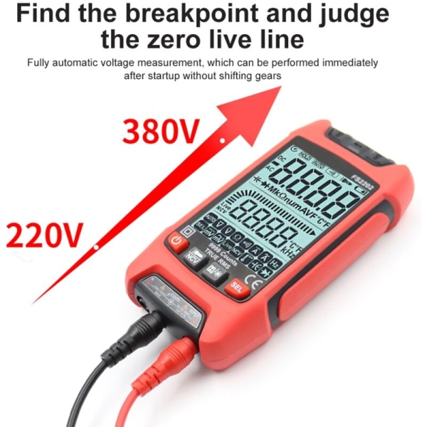 FS2202 Automatisk multimeter med 9999 mätningar TRMS AC DC Voltmeter Amp NCV Resistans Kapacitans Transistor Tester Röd