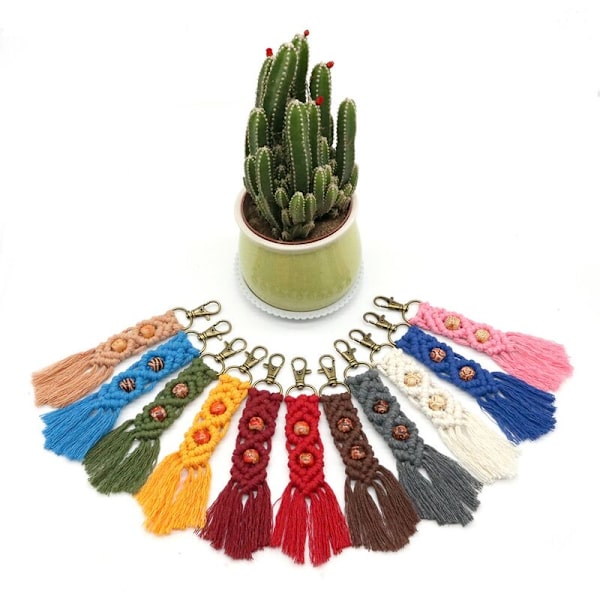 Mini Makrame Nøkkelring Boho Makrame Veske Charms for Bilnøkkel Pung Telefon Tilbehør, Beige