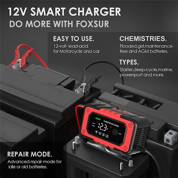 12V 6A Intelligent Batterilader, Opladning med Digitalt LCD-display, Motorcykel til Bil-EU-stik