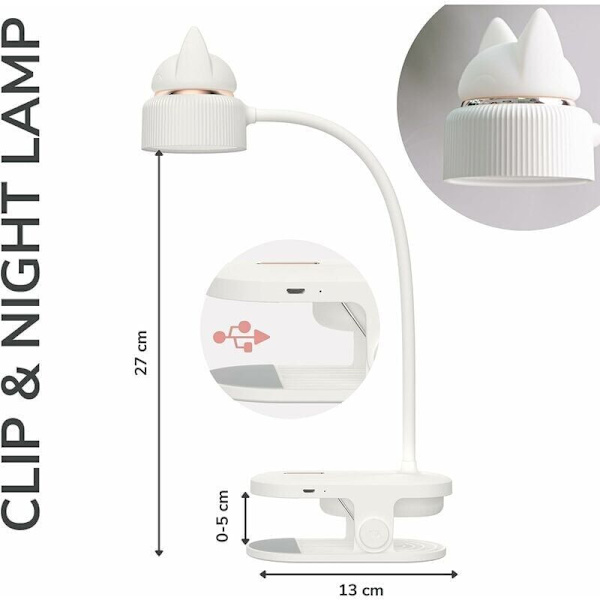 Fleksibel klemmelampe med originalt nattlys/Med USB-oppladbart batteri/LED-leselys og leselampe for skrivebord, seng, nattbord - Lett, praktisk