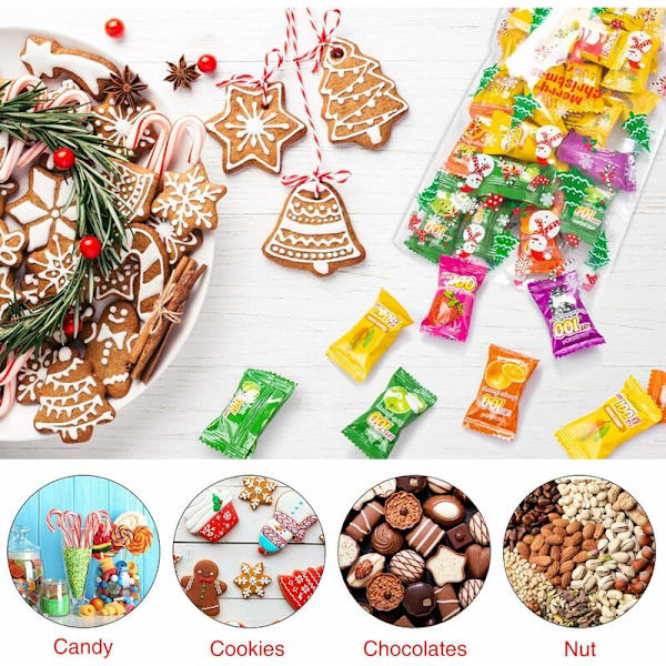 100 stk julegaveposer i plast for godteri og kjeks, julegaveposer med vri-bindinger for julefestutstyr (God jul)