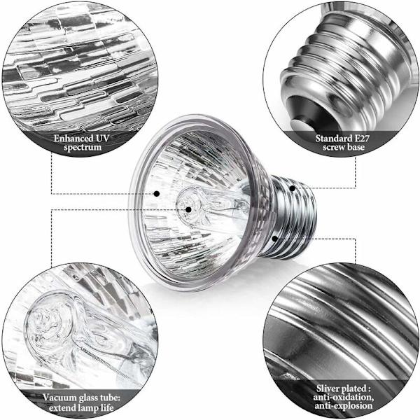 1Turtle Varmelampe, 2 UVA UVB Pærer 75W Reptil Varmelampe med Stativ Terrarium Lampe med 360° Drejelig Klemme Skildpaddebelysning til Reptiler, Amfibier, T
