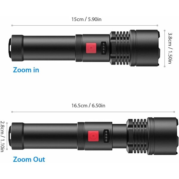 USB-uppladdbar LED-ficklampa 3000 Lumen, Zoombar Ficklampa, Ultrastark LED-ficklampa Taktisk Ljus, Vattentät Ficklampa för Camping