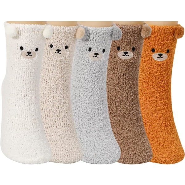 5 par fluffy sokker korallfleece vintermyke sovesokker tegneserie bjørneører tøfler sokker varme sengesokker til jenter