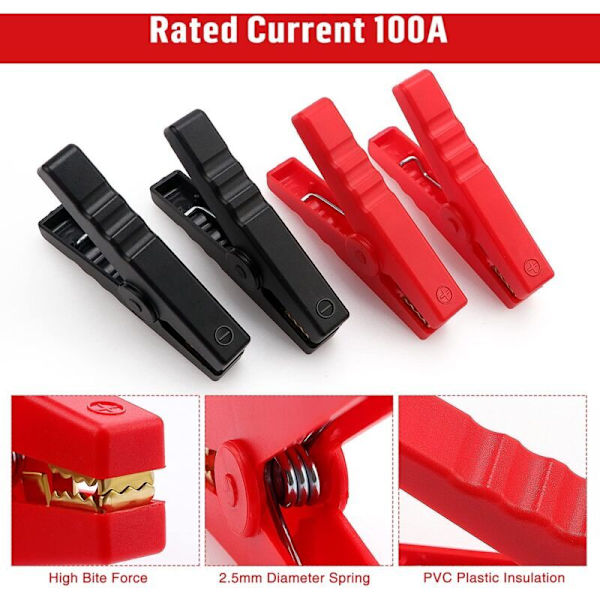 4 stk. 100A batteriklemmer, kobberbilbatteriklemme, bilstartklemme, til bilbatteriopladere (96mm, rød + sort)