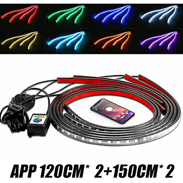 4 stk. Bil Under Glow Fleksibel Strip APP Kontrol RGB LED Chassis Lys