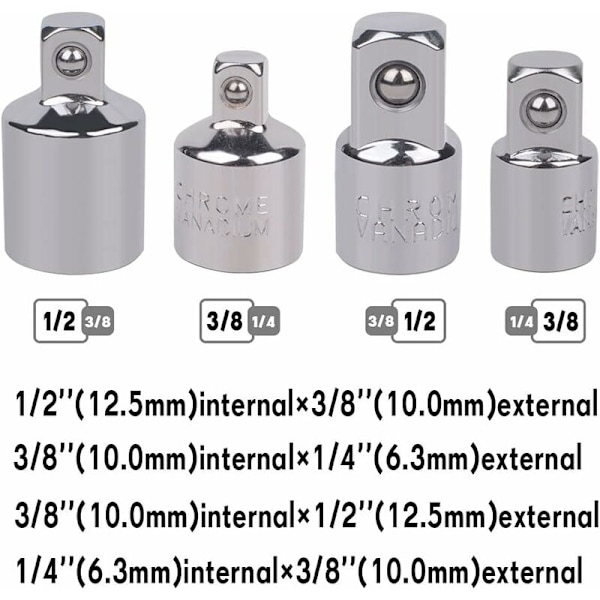 4 stk. pipenøkkeladapter pipenøkkeladapter 1/2 til 3/8-3/8 til 1/2-1/4 til 3/8-3/8 til 1/4 pipenøkkelreduksjon for piper og bits