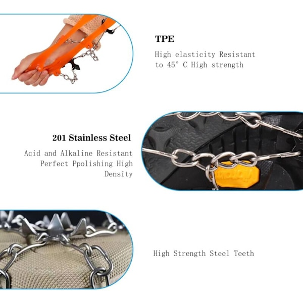 Sneekæder til sne (1 par), Anti-Slip Sneekæder med 8 Kæder til Sko i Manganstål til Snebestigning, Vandreture eller Aktiviteter på Sneet Terræn (Orange) -