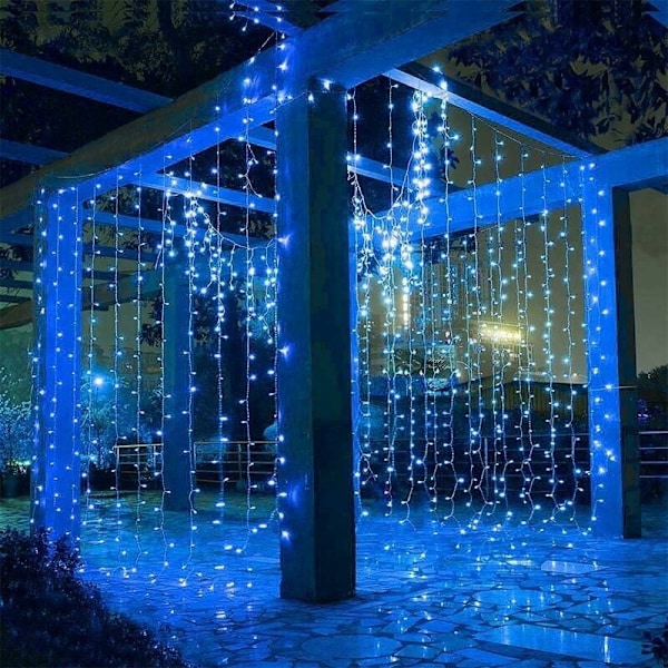 600 LED gardinlys, 6m x 3m, 8 lysmoduser, vanntett IP44 for innendørs og utendørs bruk (blå).